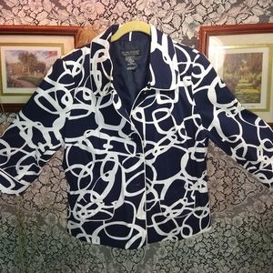 Dialogue dark navy blue white abstract design corduroy button up lined jacket